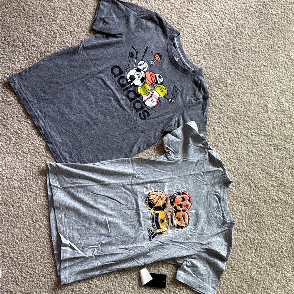 2 brand new Adidas Gray Short Sleeve Tee with Cartoon Graphic boys size 7